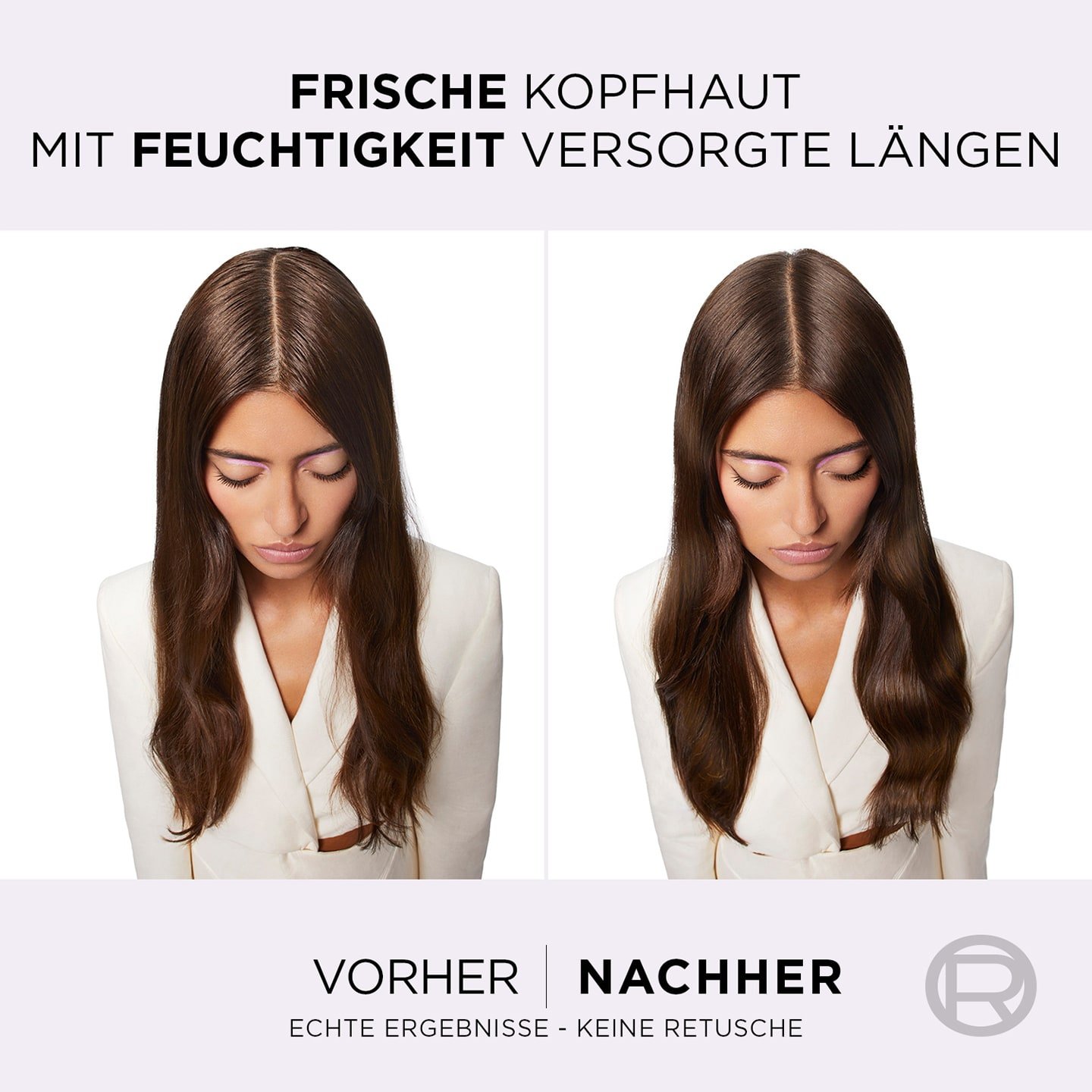 Anwendung - Vorher / Nachher-Vergleich anhand  einer jungen Frau mit langen dunklen Haaren
